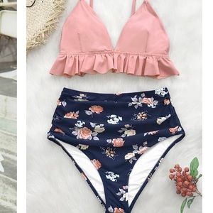 Pink and Ruffled Floral High Wasted Bikini